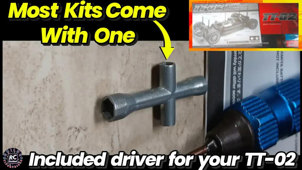 A 4-way nut driver, commonly included in Tamiya TT-02 kits, used for tightening various nuts on the RC car, including wheel nuts