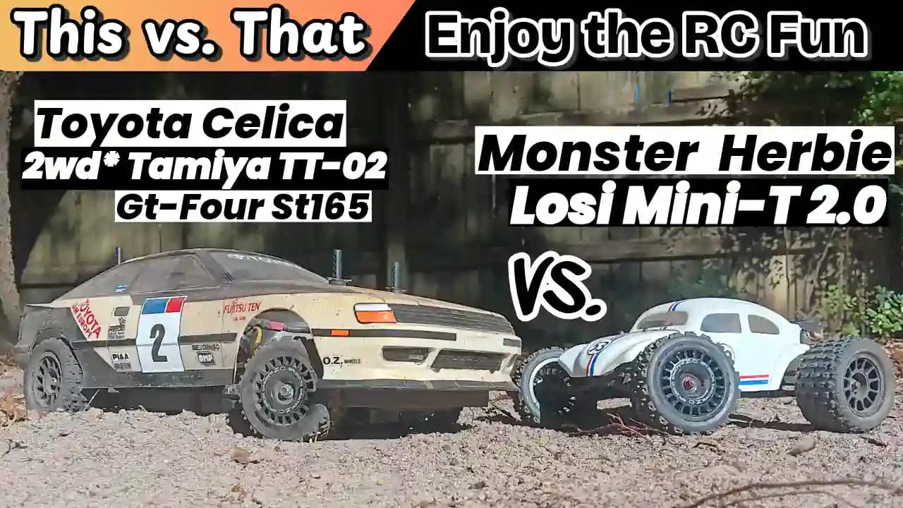 2wd Tamiya TT-02 (Celica GT-Four) vs Losi Mini-T (Monster Herbie)