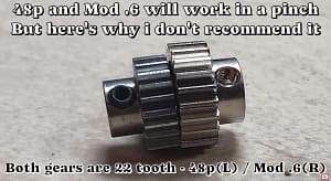 22-tooth steel 48-pitch pinion gear compared with a 22-tooth Tamiya Module 0.6 aluminum pinion gear