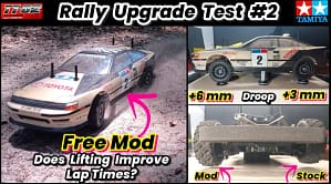 Tamiya TT-02 Celica ST165 showing high vs low ground clearance, with 6mm front and 3mm rear droop difference