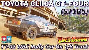 Tamiya TT-02 Toyota Celica ST165 on a 1/8 scale buggy track