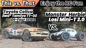 Tamiya TT-02 Celica ST165 2WD compared with a Losi Mini-T 2.0 2WD