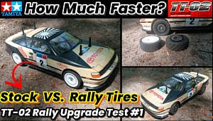Tamiya TT-02 Celica ST165 with stock and rally tires, including a side-by-side comparison of the two tire types