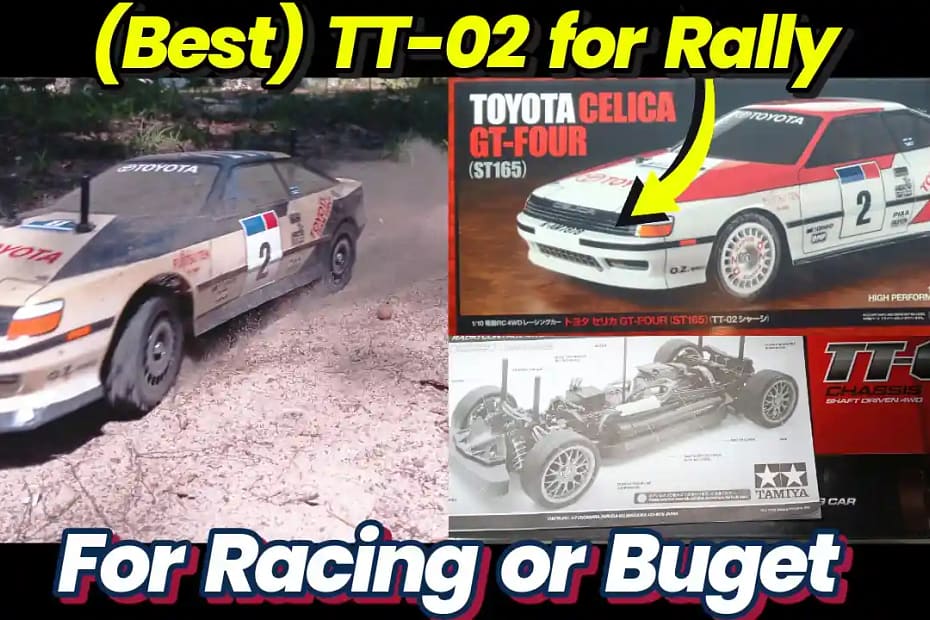 Custom gold and black Tamiya TT‑02 Celica ST165 RC rally car on dirt track, Black Edition-inspired paint scheme, with kit box and manual.