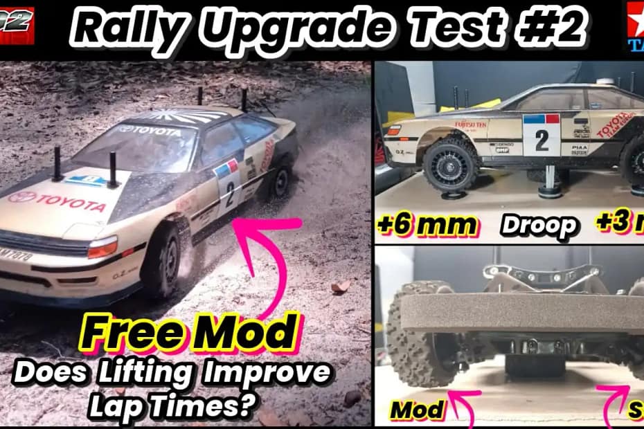 Tamiya TT-02 Celica ST165 showing high vs low ground clearance, with 6mm front and 3mm rear droop difference