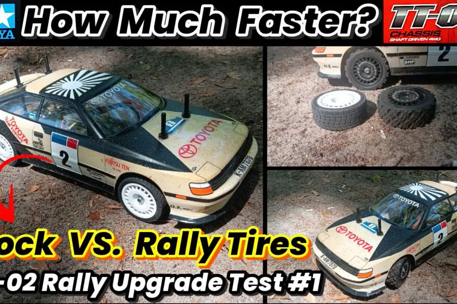 Tamiya TT-02 Celica ST165 with stock and rally tires, including a side-by-side comparison of the two tire types